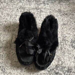 Tory Burch Black Fuzzy Slippers with Satin Bow